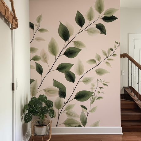 Vertical Vine Leaf Wall Decal displayed in a room setting.
