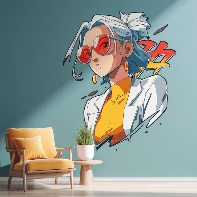Wall decal of a confident anime-style girl with red sunglasses, earrings, and a white jacket on a teal wall.