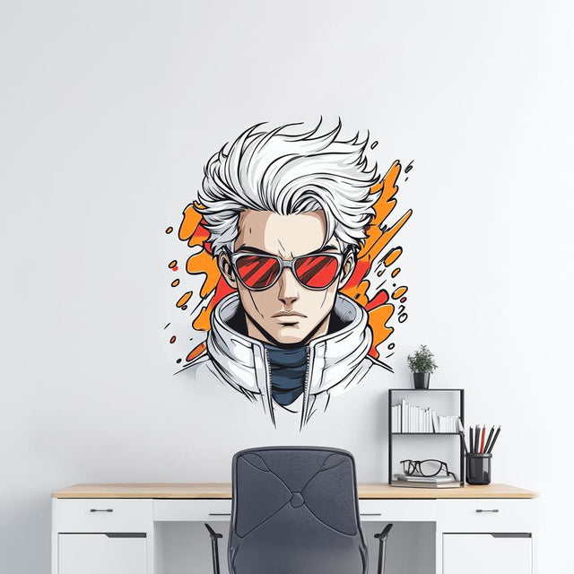 A bold anime-style wall decal of a white-haired male character with red sunglasses, designed in graphic manga art style.