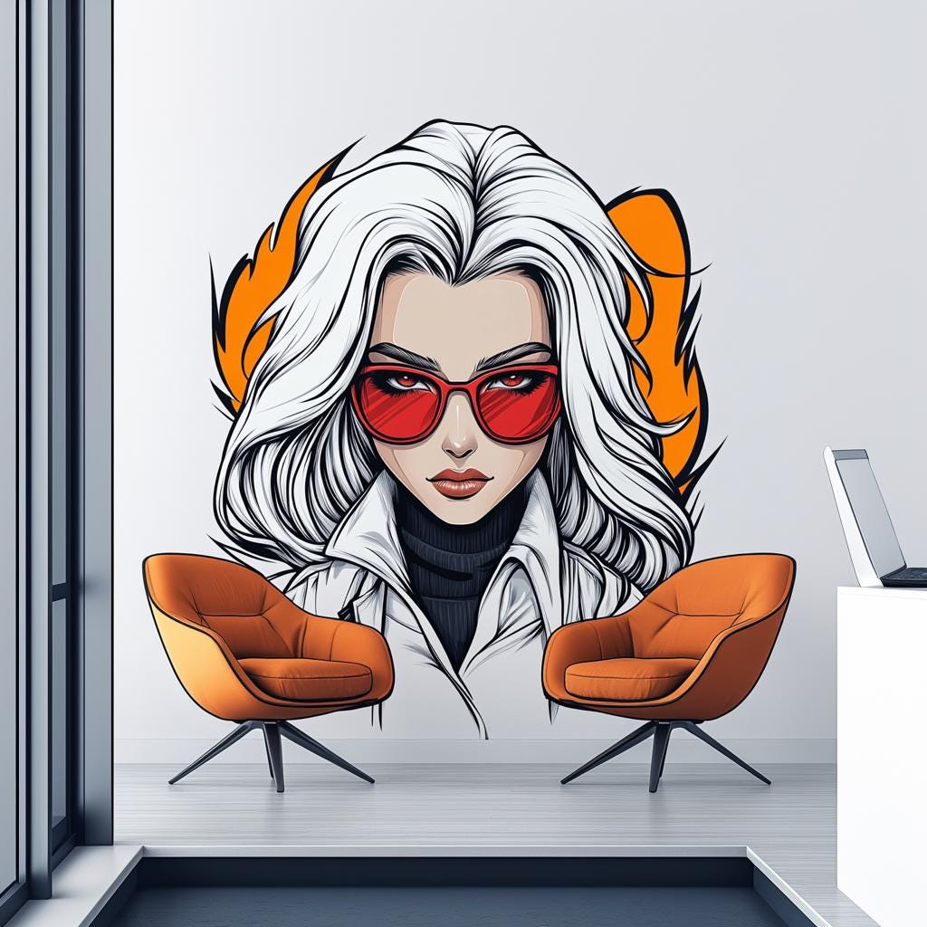 Illustrated white-haired character portrait vinyl wall decal with red glasses.