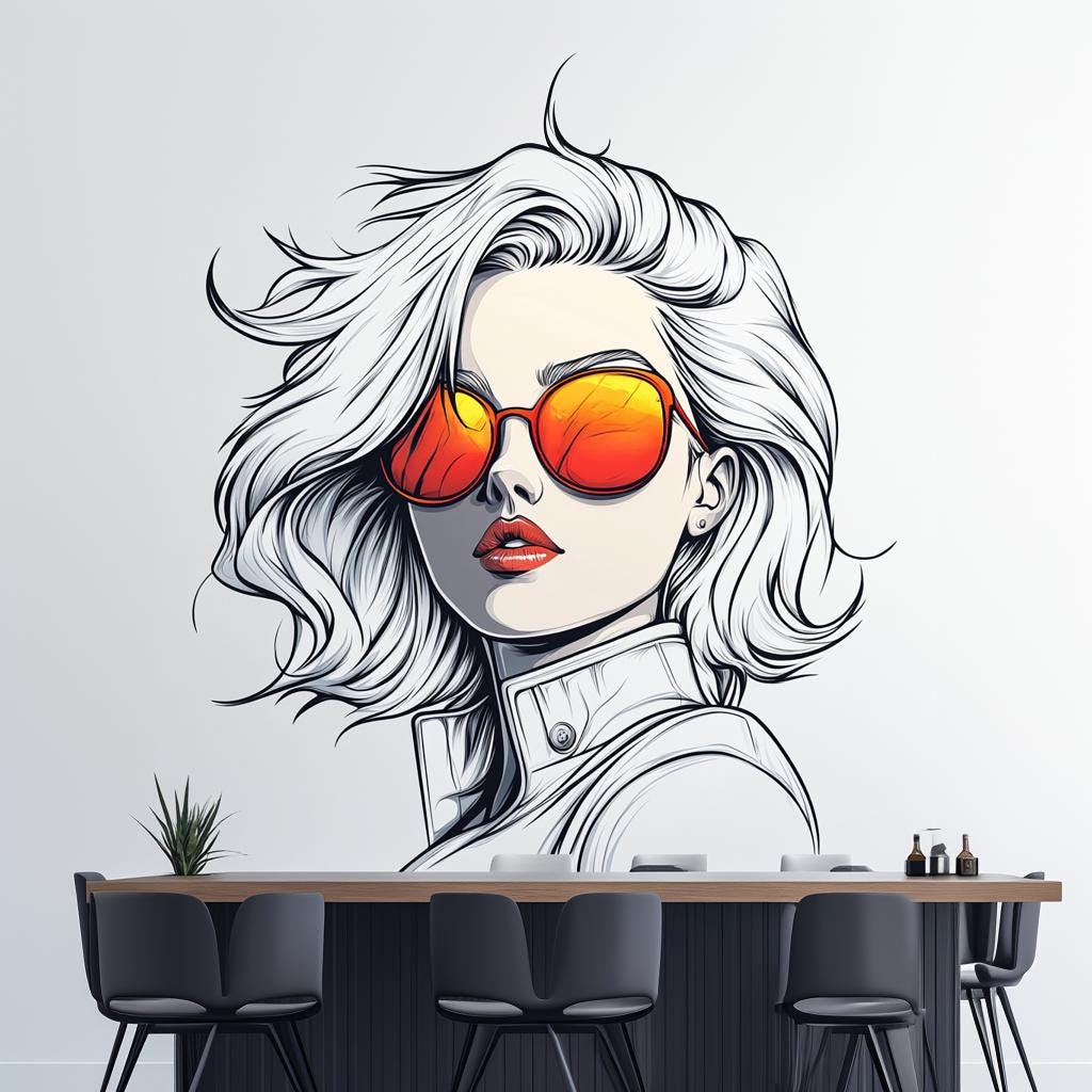 Wall decal of a woman with short wavy white hair and vivid orange reflective sunglasses in comic-style illustration.