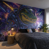 Vinyl wall mural showcasing a vibrant and detailed crocodile astronaut wearing a spacesuit.
