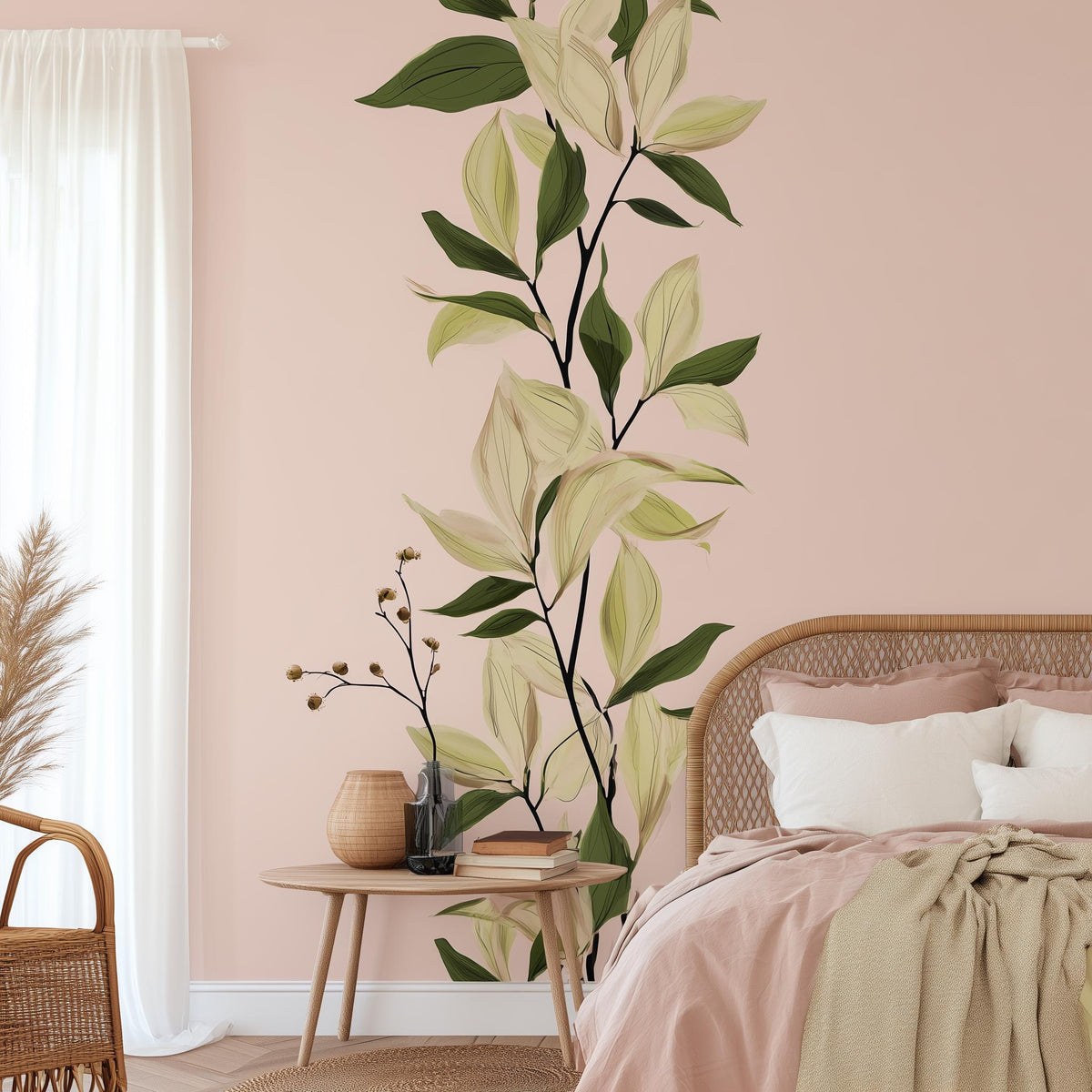Tall Vine Leaf Wall Decal displayed in a room setting.