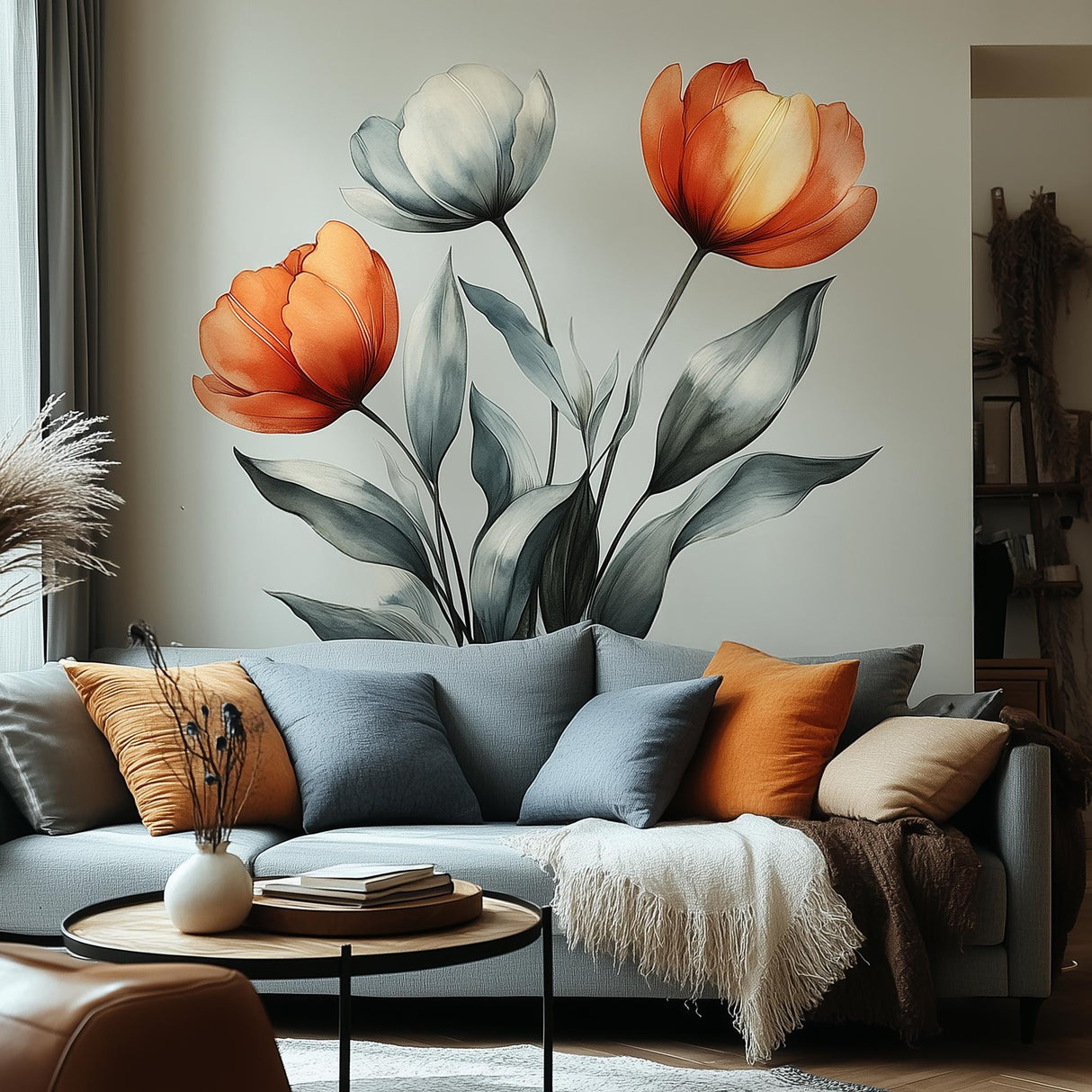 Three large watercolor tulips—two in warm red-orange tones and one in pale ivory—displayed as a wall decal.