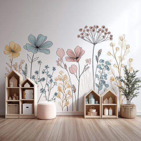 A stylish children's room with pastel-colored floral line art wall decals behind toy shelves.