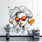 A modern wall decal featuring a stylized woman with white flowing hair and red-orange reflective sunglasses.