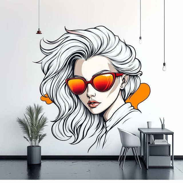 A modern wall decal featuring a stylized woman with white flowing hair and red-orange reflective sunglasses.