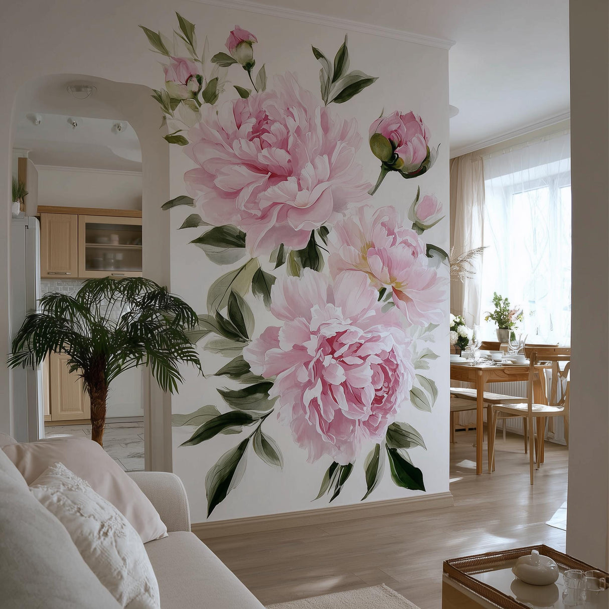 A bright, elegant living space with a large wall mural featuring soft pink watercolor peonies and green leaves.