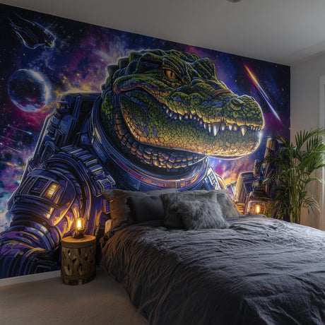 Vinyl wallpaper decal depicting a crocodile astronaut wearing a space suit set against a vibrant galaxy background.