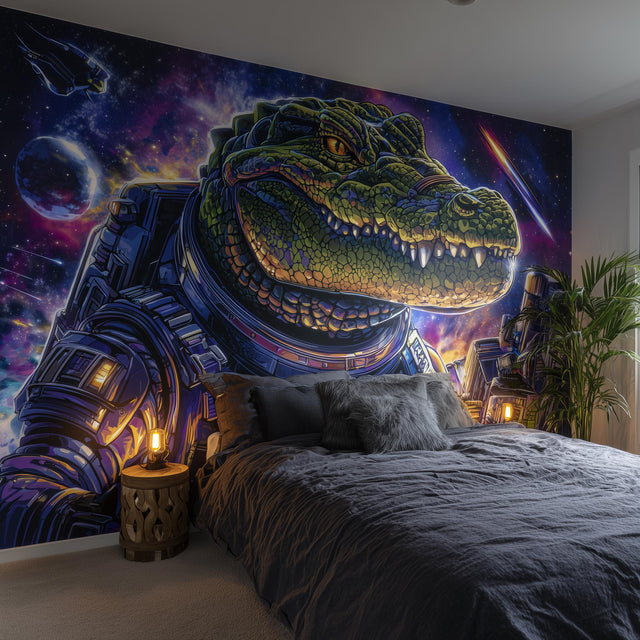 Vinyl wallpaper decal depicting a crocodile astronaut wearing a space suit set against a vibrant galaxy background.