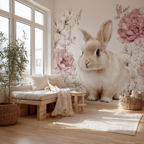 A cozy, sunlit nursery room with a giant wall decal of a fluffy light brown bunny.