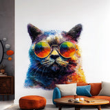 Printed wall decal of a colorful cat wearing large reflective sunglasses.