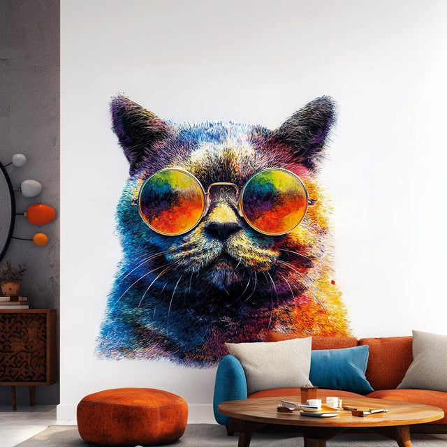 Printed wall decal of a colorful cat wearing large reflective sunglasses.