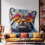 Colorful wall decal of a Pallas’s cat (manul) wearing large sunglasses with orange and purple reflections.