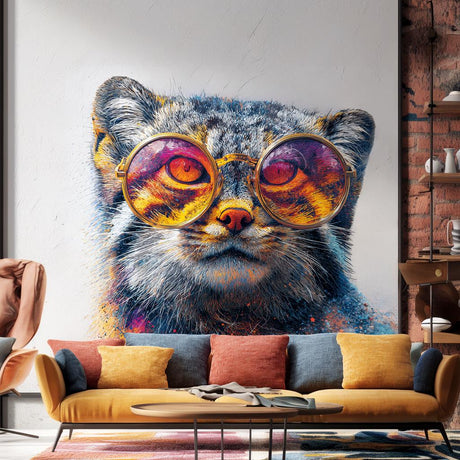 Colorful wall decal of a Pallas’s cat (manul) wearing large sunglasses with orange and purple reflections.
