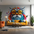 Wall decal of a Pallas’s cat (manul) wearing round sunglasses with vibrant orange lenses.