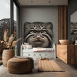 Large vinyl wall decal of a realistic Pallas’s cat face, printed in full color and applied to a wall above a child's bed.