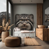 Large vinyl wall decal of a realistic Pallas’s cat face, printed in full color and applied to a wall above a child's bed.