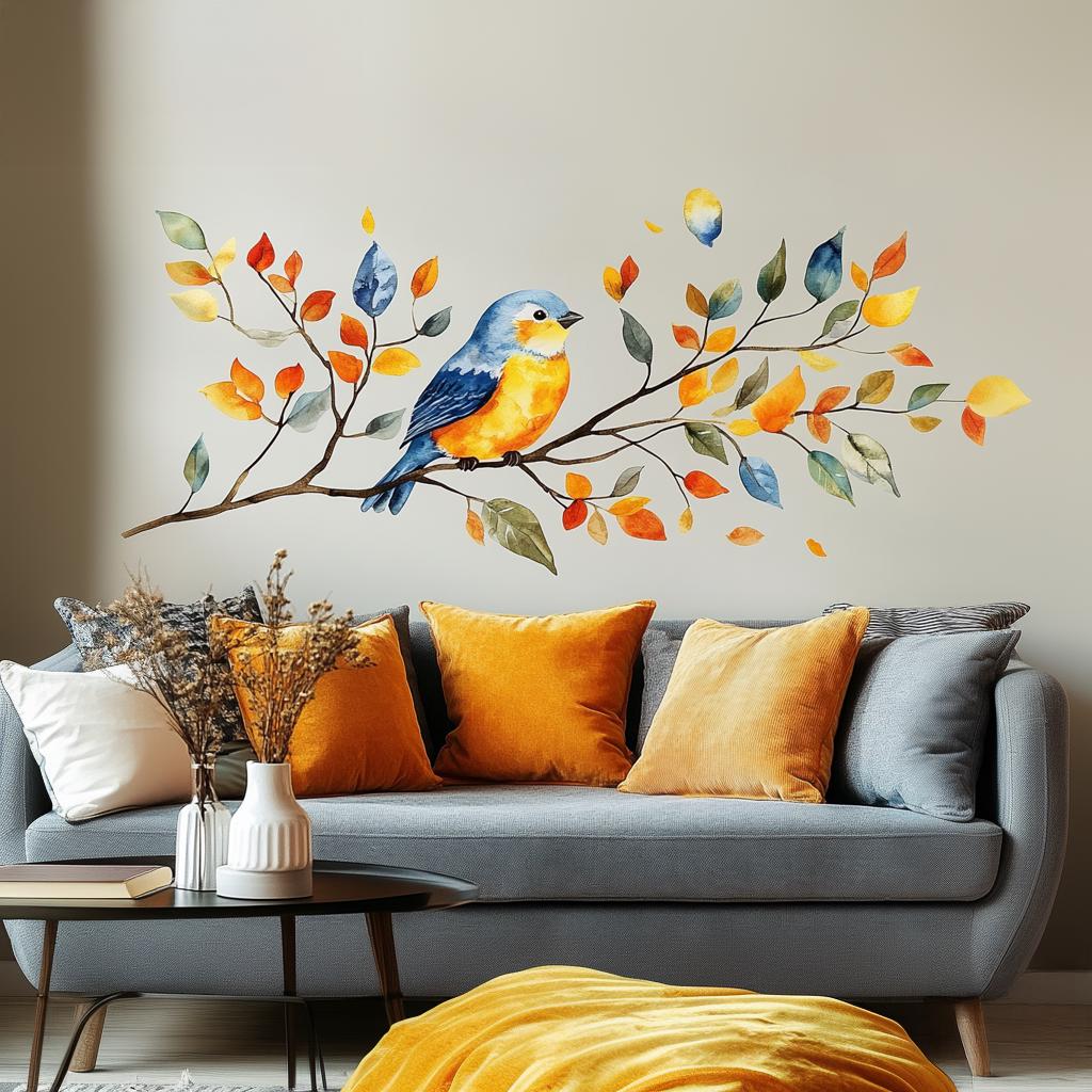 Vinyl wall decal of a watercolor-style bird sitting on a branch with colorful autumn leaves.