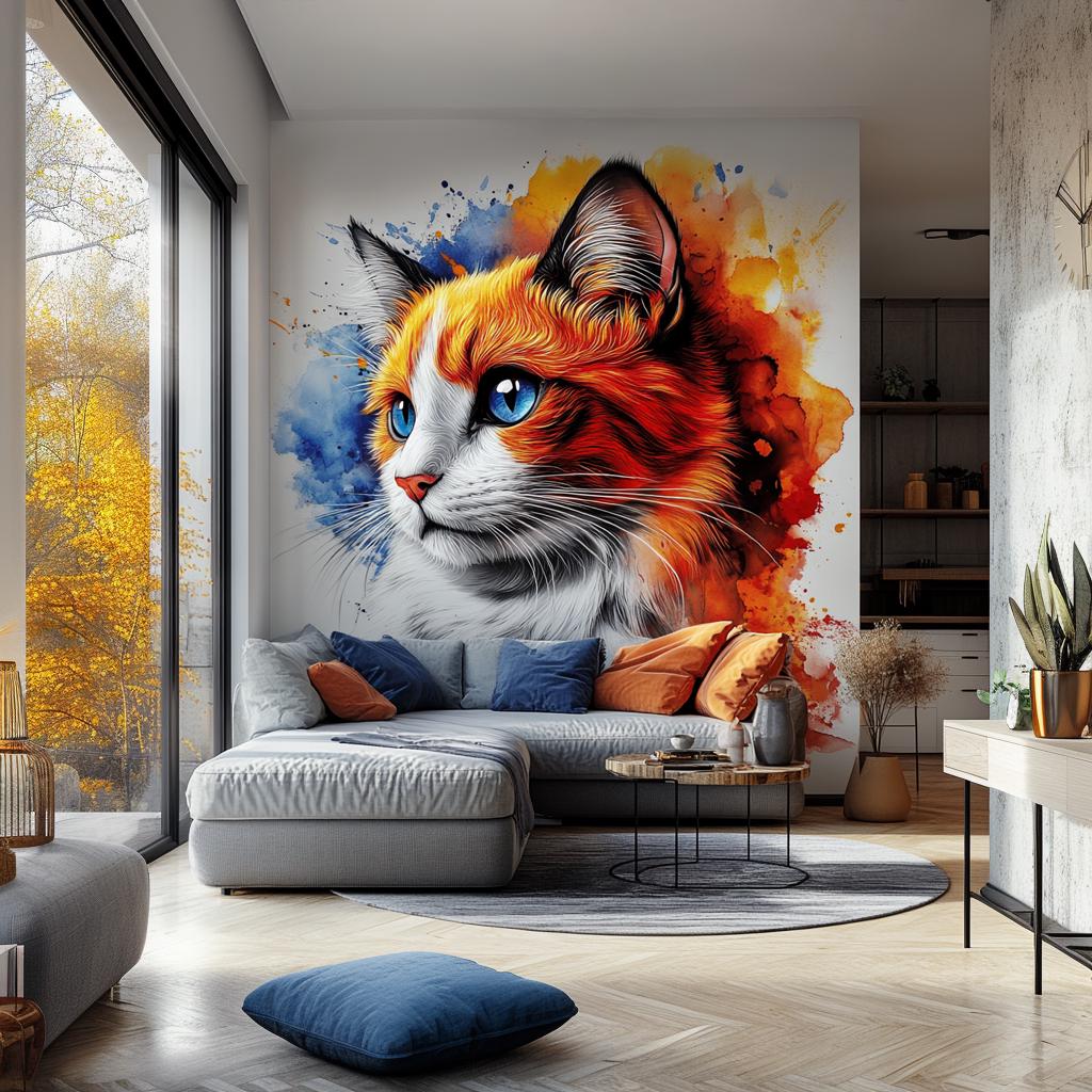 Product gallery view of Cat Wall Decal | Blue Eyed Ginger Cat Watercolor Sticker.