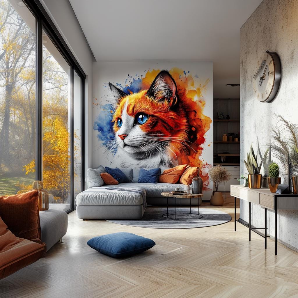 Alternate product view of Cat Wall Decal | Blue Eyed Ginger Cat Watercolor Sticker.