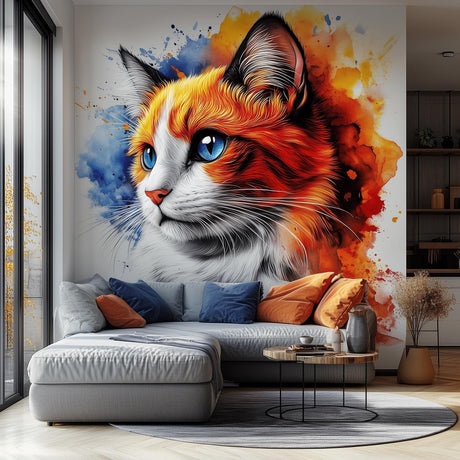 Vinyl wall decal featuring a blue-eyed ginger cat with vibrant watercolor splashes in orange and red.