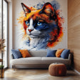 Blue-eyed calico cat wall decal in a bold watercolor style with orange and blue paint splashes.