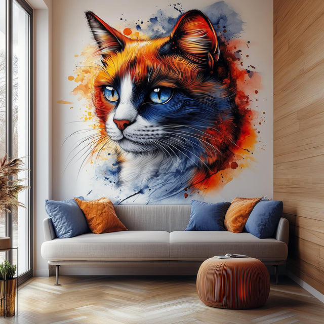 Blue-eyed calico cat wall decal in a bold watercolor style with orange and blue paint splashes.