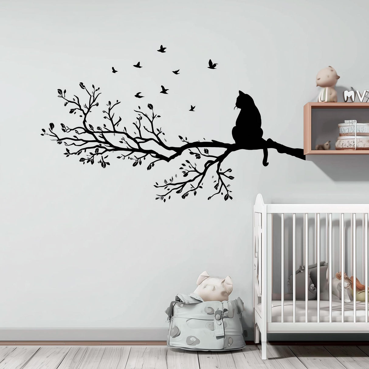 Vinyl wall decal of a cat sitting on a detailed tree branch with flying birds.