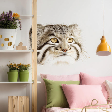 Realistic vinyl wall decal of a Pallas’s cat (manul) head with golden eyes, placed on a white wall.
