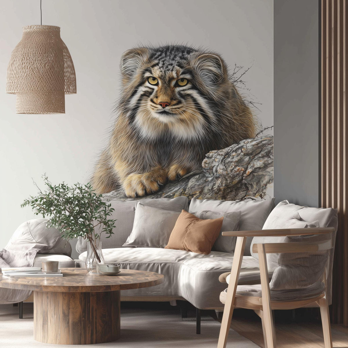 Realistic vinyl wall decal of a Pallas’s cat (manul) resting on a rock, with lifelike textures and colors.