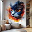 Colorful cat face wall decal with vivid orange, red, and blue watercolor splashes.