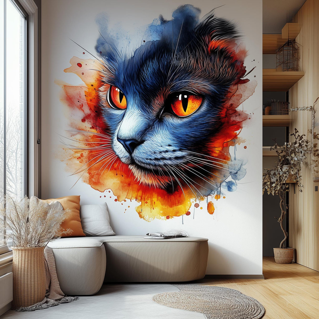 Colorful cat face wall decal with vivid orange, red, and blue watercolor splashes.