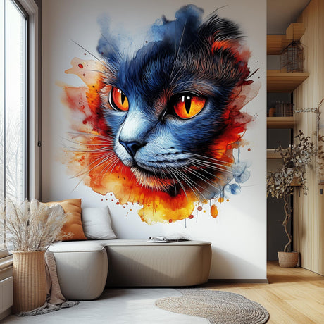 Colorful cat face wall decal with vivid orange, red, and blue watercolor splashes.