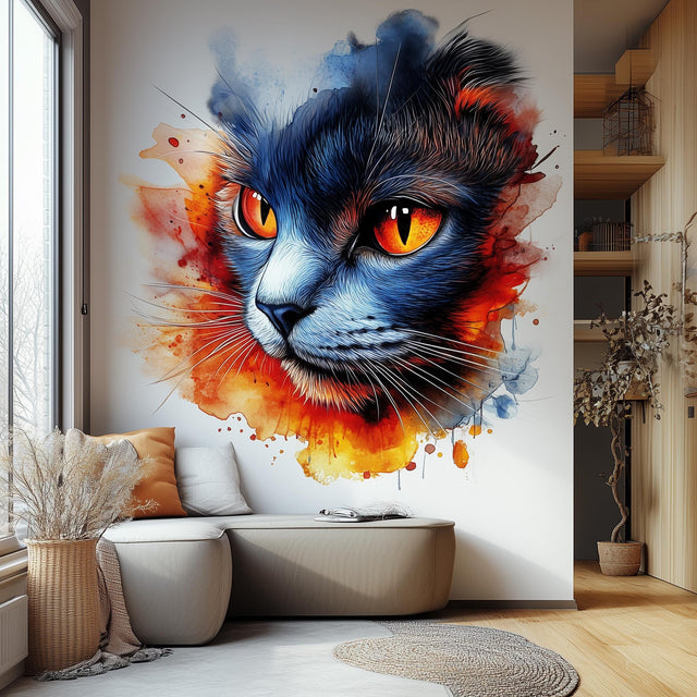Colorful cat face wall decal with vivid orange, red, and blue watercolor splashes.