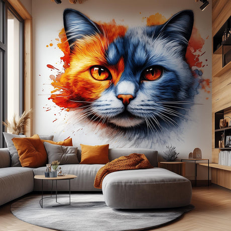 Vinyl wall decal of a cat face with one half painted in vibrant orange and the other in deep blue watercolor style.