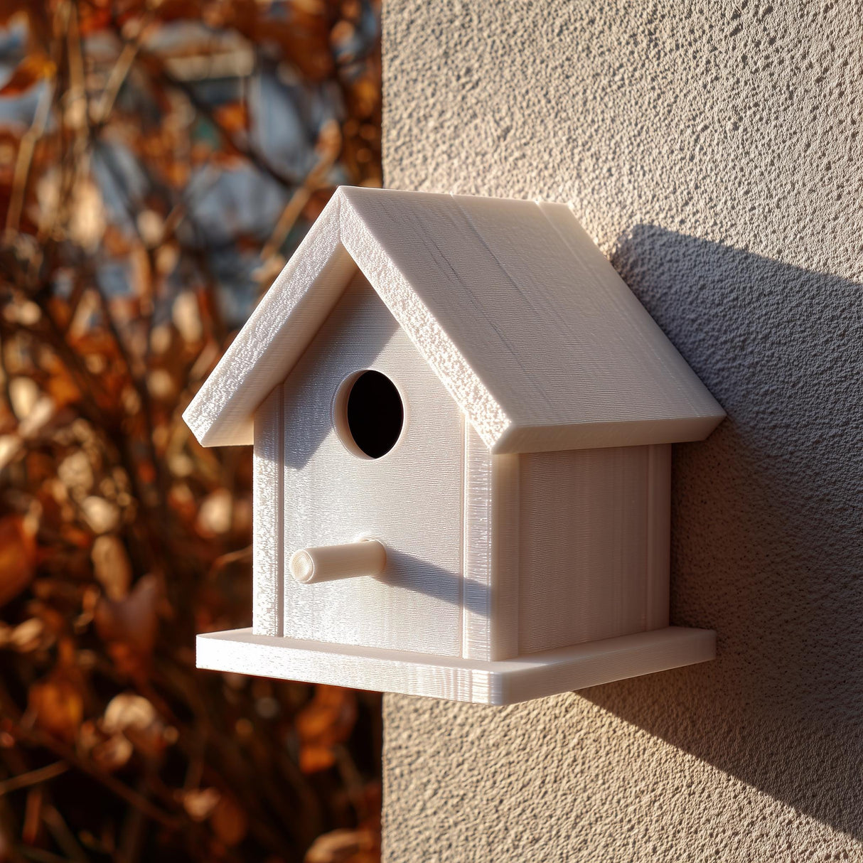 Light-colored 3D printed birdhouse with perch and removable roof made from matte PLA plastic.