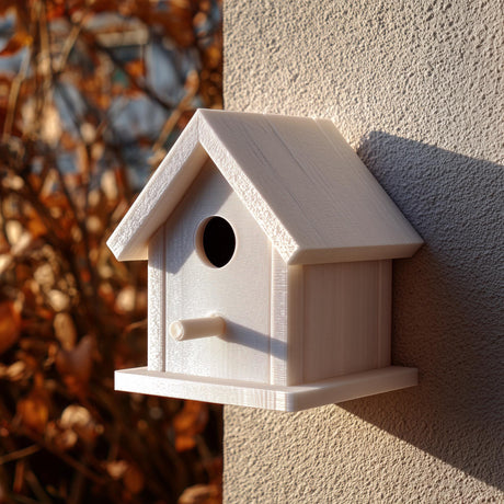 Light-colored 3D printed birdhouse with perch and removable roof made from matte PLA plastic.