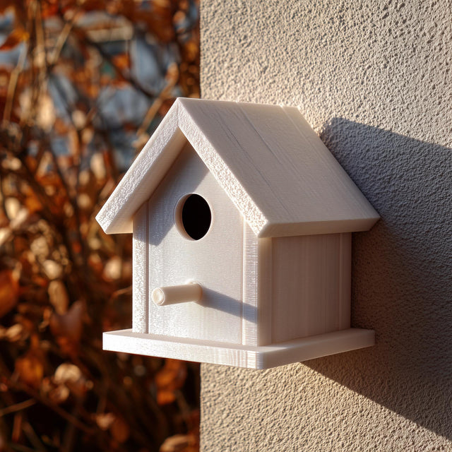 Light-colored 3D printed birdhouse with perch and removable roof made from matte PLA plastic.