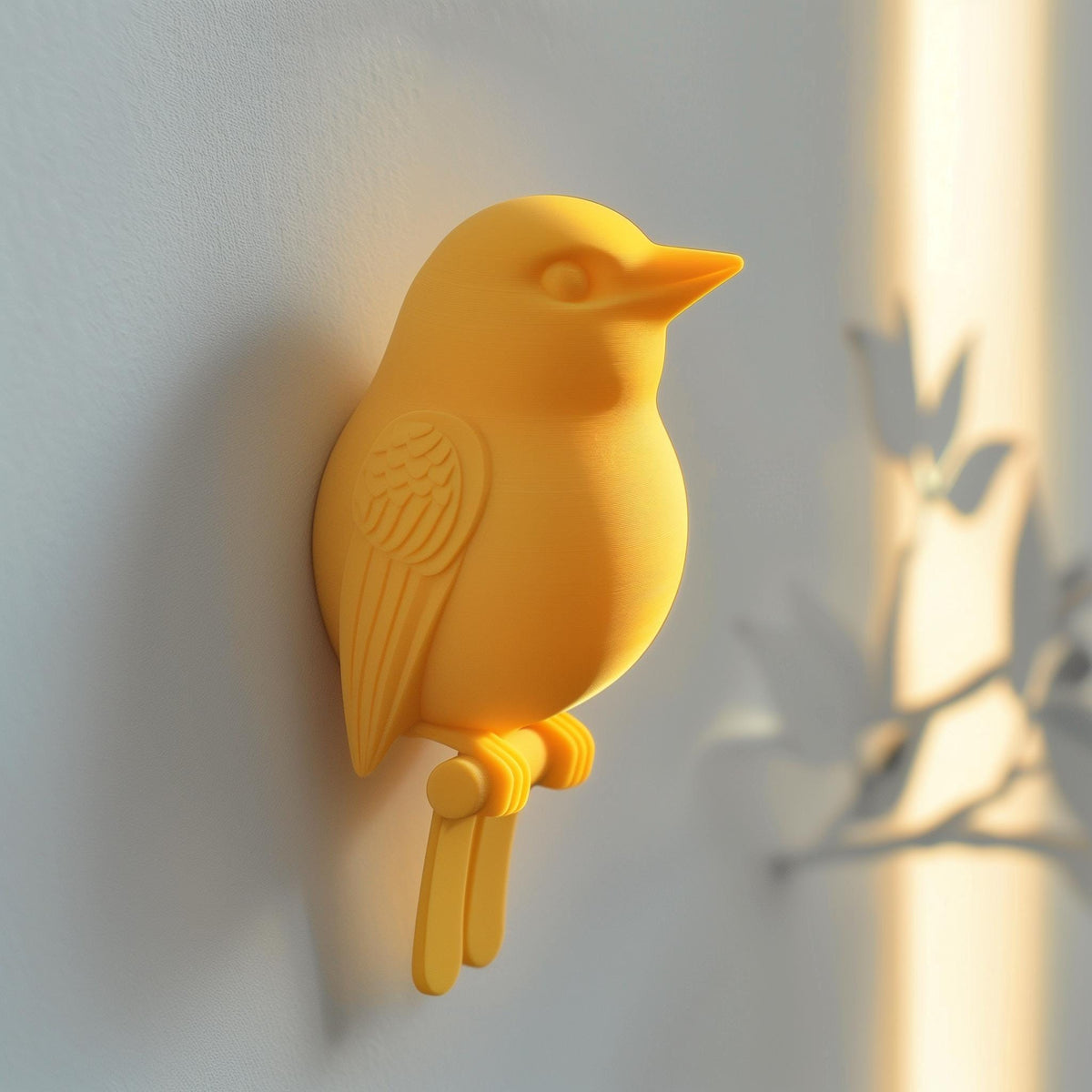 3D printed wall decor shaped like a bird, minimalist modern nature-inspired design made from matte PLA plastic.
