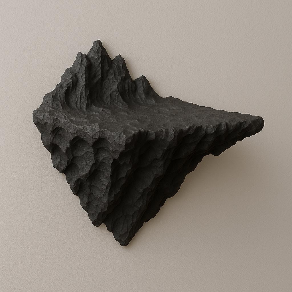 A 3D printed black wall shelf designed to resemble a jagged mountain peak or volcanic rock formation.