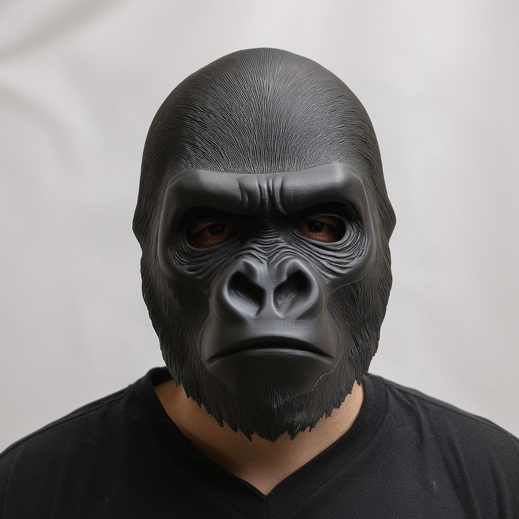 Front view of a 3D printed gorilla face mask worn by a person.