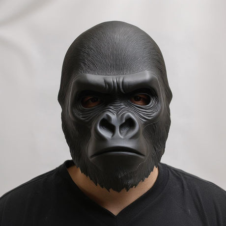 Front view of a 3D printed gorilla face mask worn by a person.