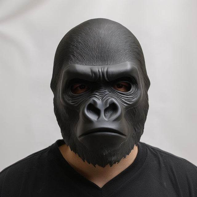 Front view of a 3D printed gorilla face mask worn by a person.