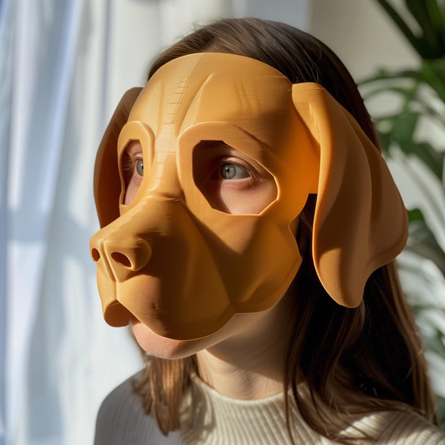3D printed Beagle-inspired dog mask with soft minimal shape, worn by an adult model indoors.