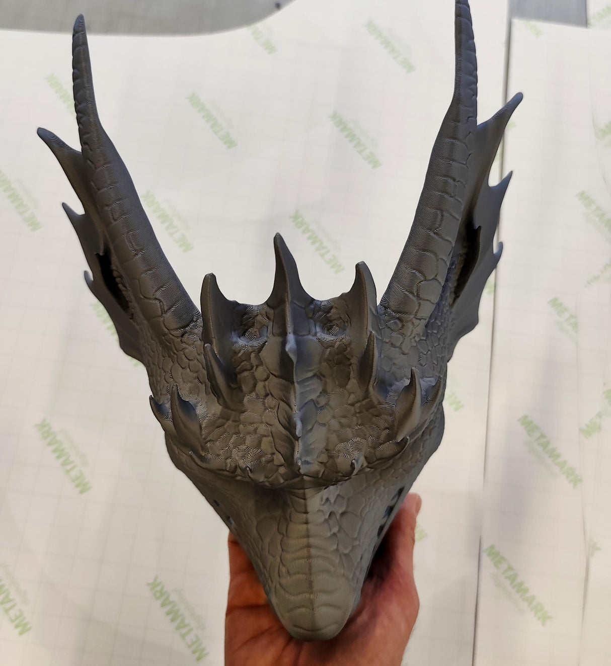 Alternate product presentation of 3D Printed Dragon Mask.