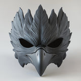 Black 3D printed raven beak mask with feather texture and gothic plague-doctor styling.