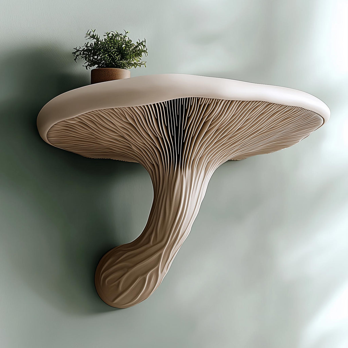3D printed mushroom wall shelf with an organic cap-and-stem shape and compact floating ledge.