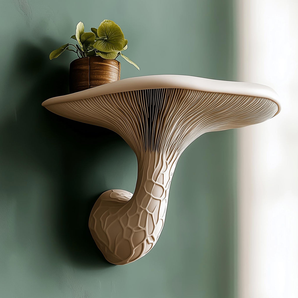 3D printed organic mushroom wall shelf with a curved cap, sculpted gills and compact display surface.