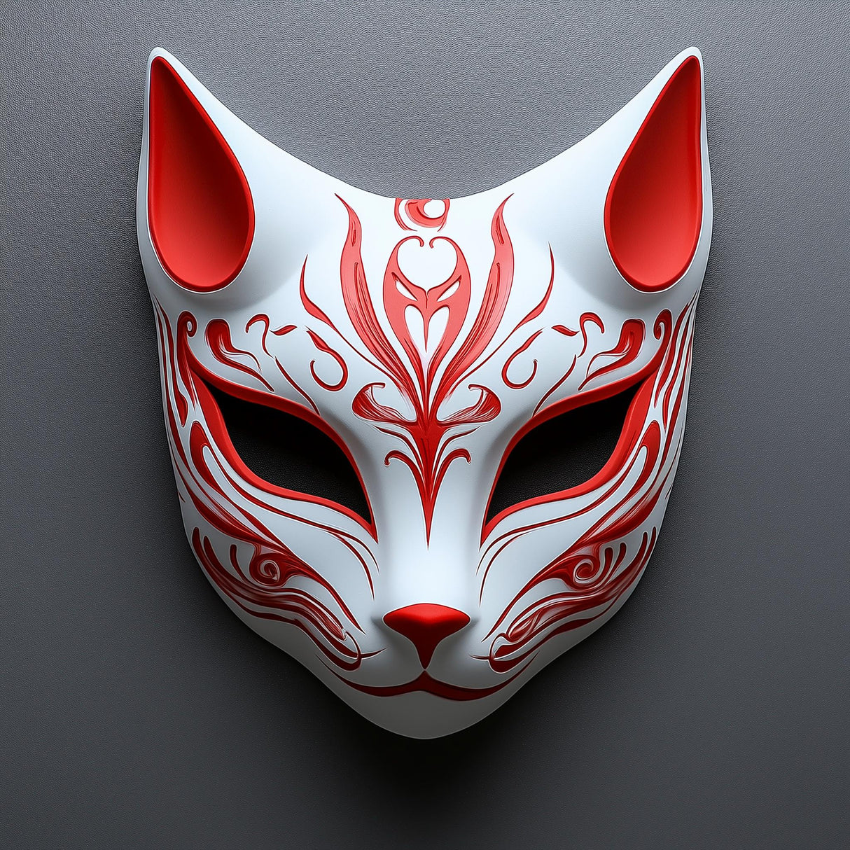 Red 3D printed fox mask with pointed ears and Japanese Kitsune-inspired facial details.